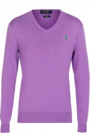 Хлопковый пуловер с V-образным вырезом Polo Ralph Lauren. Цвет: сиреневый