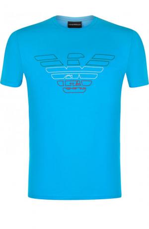 Хлопковая футболка с логотипом бренда Emporio Armani. Цвет: синий