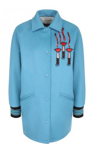 Пальто из смеси шерсти и кашемира с контрастной отделкой Valentino. Цвет: голубой