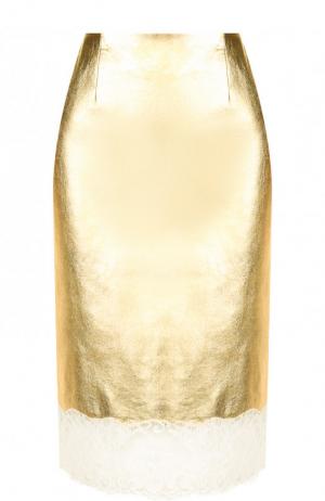 Кожаная юбка-карандаш с кружевной отделкой CALVIN KLEIN 205W39NYC. Цвет: золотой