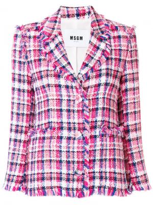 Твидовый пиджак в клетку с бахромой MSGM. Цвет: розовый и фиолетовый