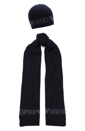 Комплект из шапки и шарфа смеси вискозы шерсти Emporio Armani. Цвет: темно-синий