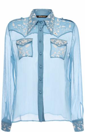 Шелковая прозрачная блуза с вышивкой Roberto Cavalli. Цвет: синий