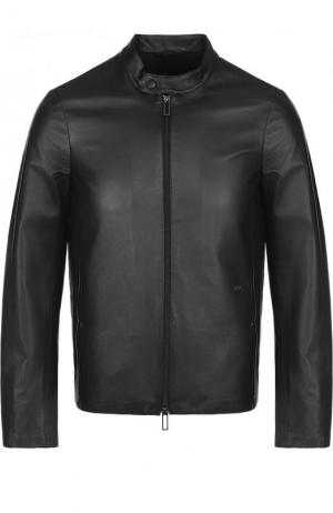 Кожаная куртка на молнии с воротником-стойкой Emporio Armani. Цвет: черный