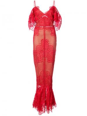 Вышитое вечернее платье с открытыми плечами Marchesa Notte. Цвет: красный