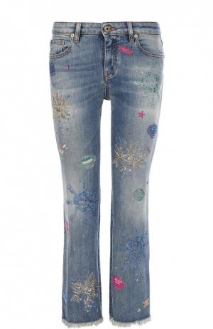 Укороченные расклешенные джинсы с контрастной вышивкой Roberto Cavalli. Цвет: синий