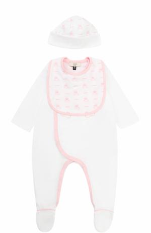 Хлопковый комплект из пижамы с шапкой и боди нагрудником Armani Junior. Цвет: розовый