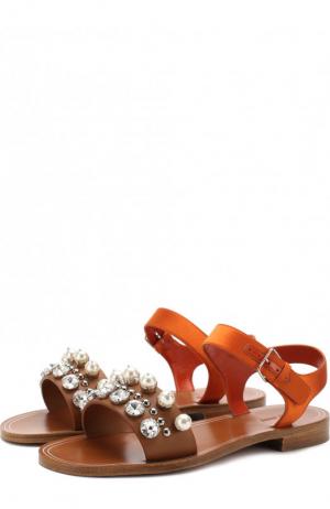 Кожаные сандалии с кристаллами и жемчужинами Miu. Цвет: оранжевый