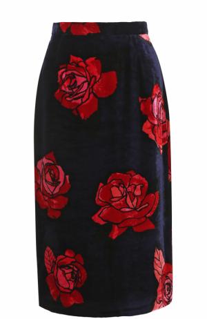 Бархатная юбка-миди с цветочным принтом Markus Lupfer. Цвет: темно-синий