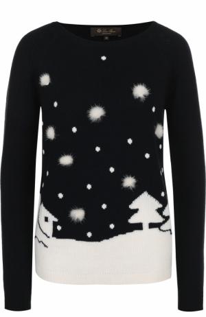 Кашемировый пуловер с круглым вырезом и принтом Loro Piana. Цвет: темно-синий