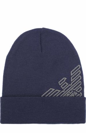 Шерстяная шапка с логотипом бренда Emporio Armani. Цвет: темно-синий