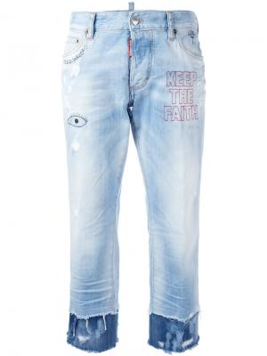 Укороченные джинсы с вышивкой Keep the Faith Dsquared2. Цвет: синий
