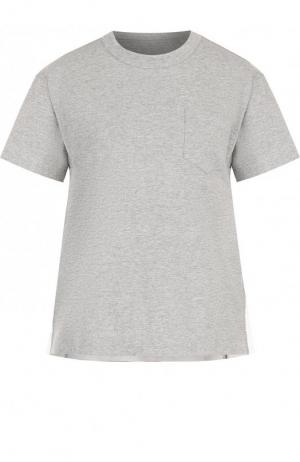 Хлопковая футболка с круглым вырезом и плиссированной вставкой Sacai. Цвет: серый