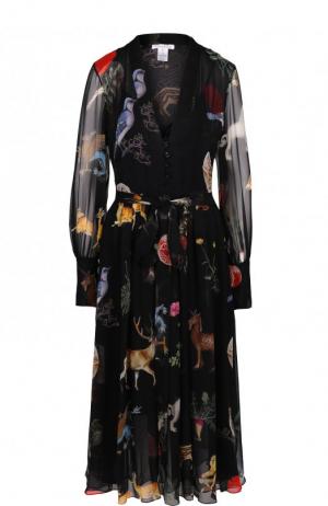 Шелковое платье-миди с V-образным вырезом и принтом Oscar de la Renta. Цвет: черный