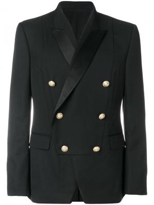 Двубортный пиджак с атласными лацканами Balmain. Цвет: чёрный