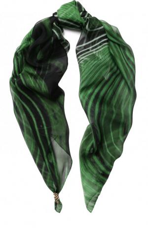 Шелковый платок с принтом и фигурной булавкой Roberto Cavalli. Цвет: зеленый