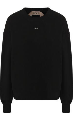 Хлопковый пуловер с декоративной отделкой на спине No. 21. Цвет: черный