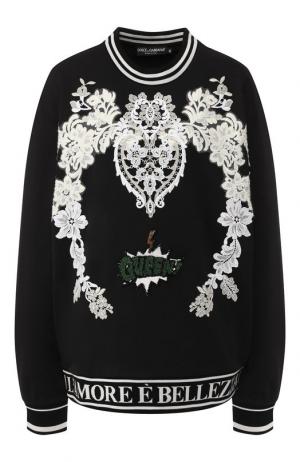 Хлопковый пуловер с кружевной отделкой Dolce & Gabbana. Цвет: черный