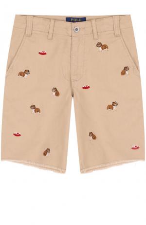 Хлопковые шорты с вышивкой и необработанным краем Polo Ralph Lauren. Цвет: бежевый
