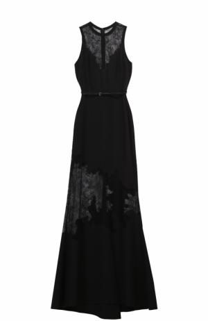Платье-макси с поясом и кружевными вставками Elie Saab. Цвет: черный