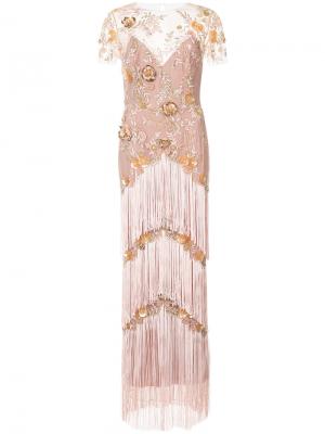 Платье макси с вышивкой и бахромой Marchesa Notte. Цвет: розовый и фиолетовый