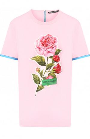Футболка из смеси хлопка и шелка с декоративной нашивкой Dolce & Gabbana. Цвет: светло-розовый