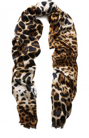Шелковый шарф с леопардовым принтом Saint Laurent. Цвет: светло-коричневый