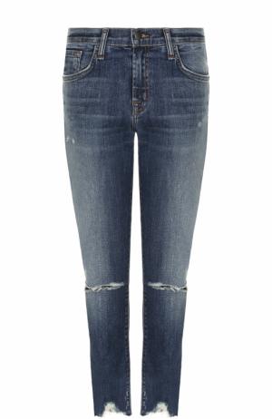 Укороченные джинсы прямого кроя с потертостями J Brand. Цвет: синий