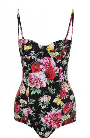 Слитный купальник с контрастным цветочным принтом Dolce & Gabbana. Цвет: черный