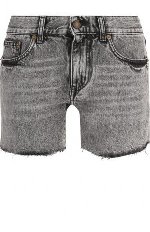 Джинсовые мини-шорты с потертостями Saint Laurent. Цвет: серый