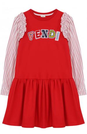 Хлопковое платье с аппликациями и оборками Fendi. Цвет: красный
