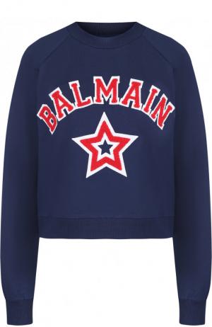 Хлопковый пуловер с круглым вырезом и логотипом бренда Balmain. Цвет: синий