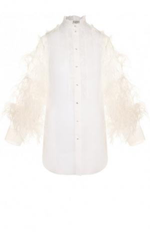 Полупрозрачная шелковая блуза с оборками и декоративной отделкой Valentino. Цвет: белый