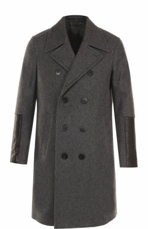 Шерстяное двубортное пальто с отделкой из натуральной кожи Neil Barrett. Цвет: серый
