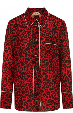 Шелковая блуза с контрастной отделкой и принтом No. 21. Цвет: красный