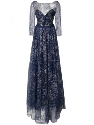 Длинное платье с вышивкой Marchesa Notte. Цвет: синий