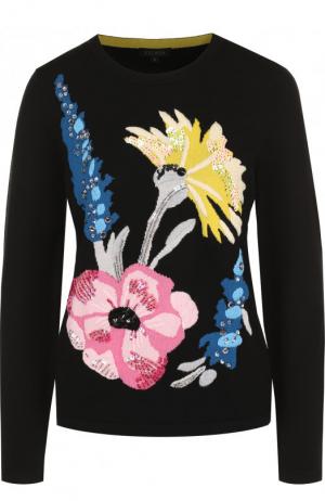 Шерстяной пуловер с круглым вырезом и декоративной отделкой Escada. Цвет: черный