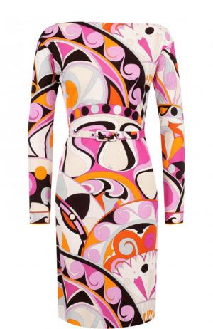Приталенное платье-миди с поясом и принтом Emilio Pucci. Цвет: разноцветный