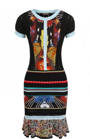 Приталенное вязаное мини-платье с круглым вырезом Roberto Cavalli. Цвет: разноцветный