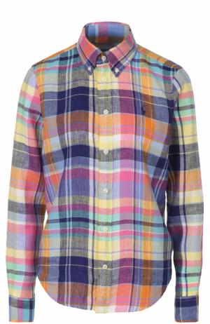 Льняная блуза в клетку с вышитым логотипом бренда Polo Ralph Lauren. Цвет: разноцветный