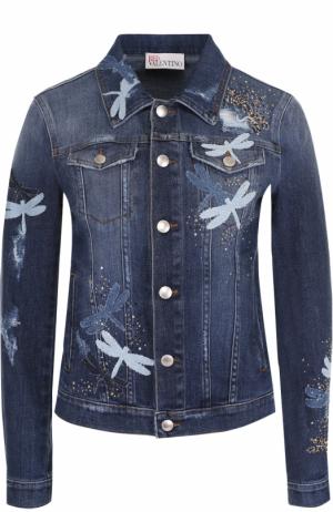 Приталенная джинсовая куртка с потертостями REDVALENTINO. Цвет: синий