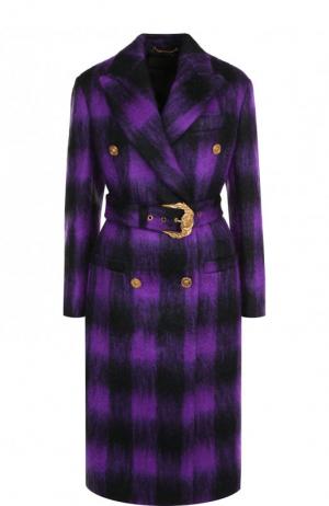 Двубортное шерстяное пальто с поясом Versace. Цвет: фиолетовый