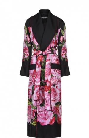 Шелковое пальто с цветочным принтом и поясом Dolce & Gabbana. Цвет: розовый