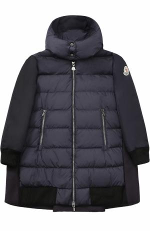 Пуховое пальто с текстильной спинкой и капюшоном Moncler Enfant. Цвет: темно-синий