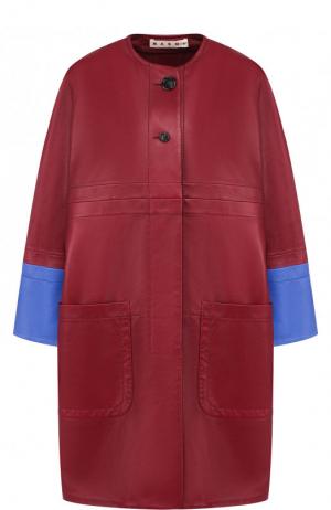 Кожаное пальто с накладными карманами и контрастной отделкой Marni. Цвет: бордовый