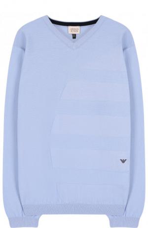 Хлопковый пуловер с фактурной отделкой и V-образным вырезом Armani Junior. Цвет: голубой