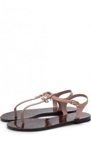 Кожаные сандалии с логотипом бренда Dolce & Gabbana. Цвет: бежевый