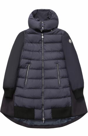 Пуховое пальто с текстильной спинкой и капюшоном Moncler Enfant. Цвет: темно-синий