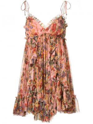 Расклешенное платье с цветочным принтом Zimmermann. Цвет: розовый и фиолетовый