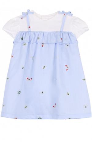Хлопковое платье с принтом и оборкой Il Gufo. Цвет: голубой